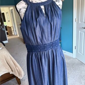 Dressbarn Halter Neck Blue Midi Dress with Lace Waist